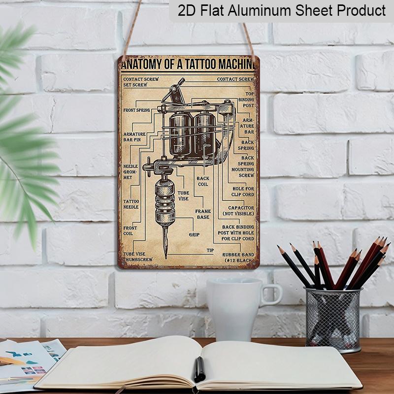2D Flat Vintage Tattoo Machine Diagram Metal Sign - 7.87X11.8inch Aluminum Wall Art for Home, Bar, Cafe, Garden Decor - Ideal for Holiday Parties
