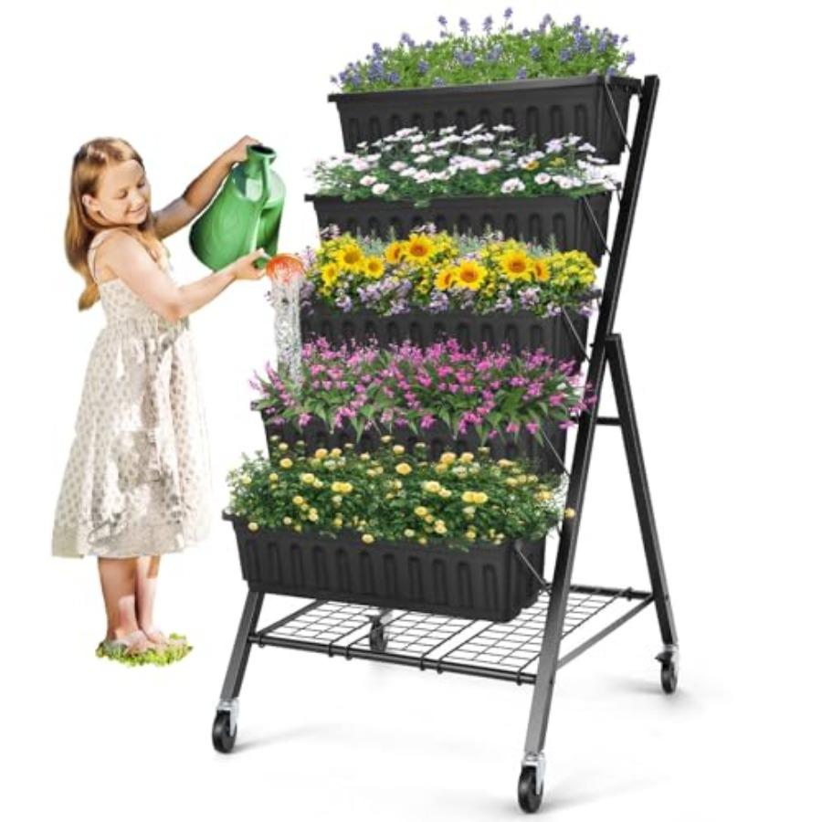 

5-Tier Raised Garden Bed 4FT Vertical Garden Planter with Storage Rack and Lockable Caster Wheels Indoor Outdoor Raised Planter United States