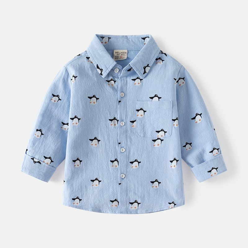 Children s Shirt Spring and Autumn Boys Lapel Cartoon Penguin Print Cardigan Top Baby Boys Long Sleeves Casual Shirt Light Blue Penguin Long-Sleeved Shirt 90