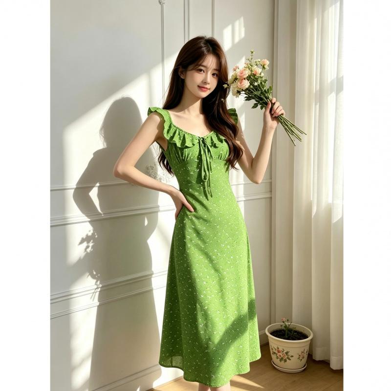 French Floral Ruffle V-neck Green Dress Women's Summer Vacation Wind Beach Waist Thin Suspender Skirt