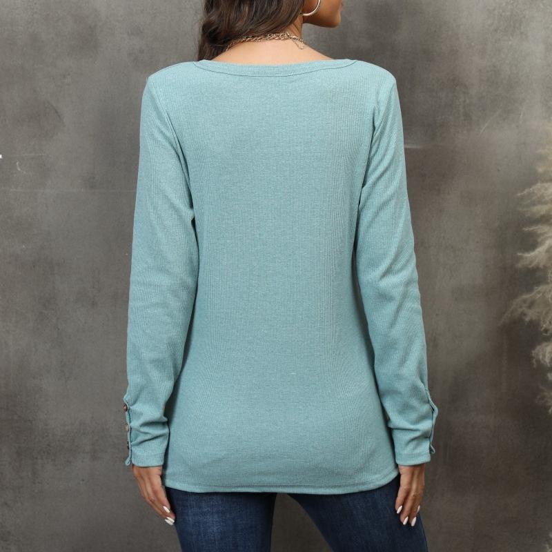 IHUASU Autumn Women's Button-down Vest Color V-neck Long Sleeve T-shirt Top