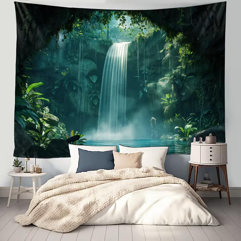 2D Enchanted Jungle Waterfall Wall Tapestry Deep Forest Background Cloth for Home