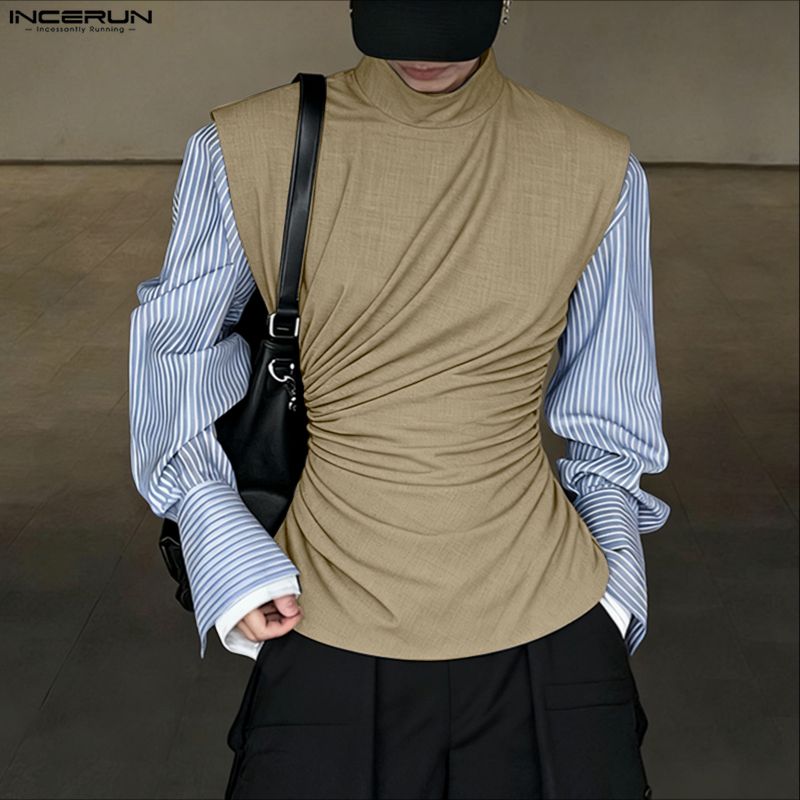 INCERUN Men Stand Collar Sleeveless Elastic Waist Fitted Casual Twisted Tank Tops