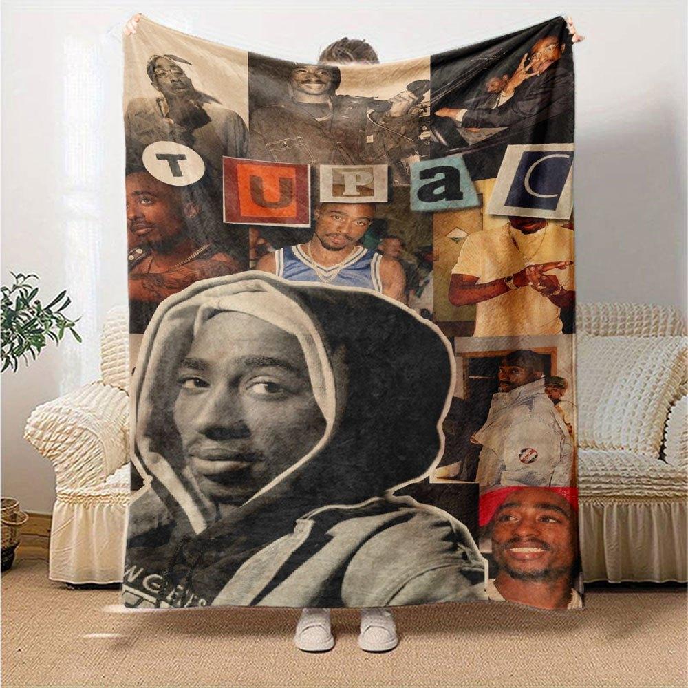 1pc 2PacHip Hop Blanket Soft Lightweight All Season Multi Purpose Throw for Sofa, Bed, Office & Picnics, French Style with Iconic Album Art & Quotes