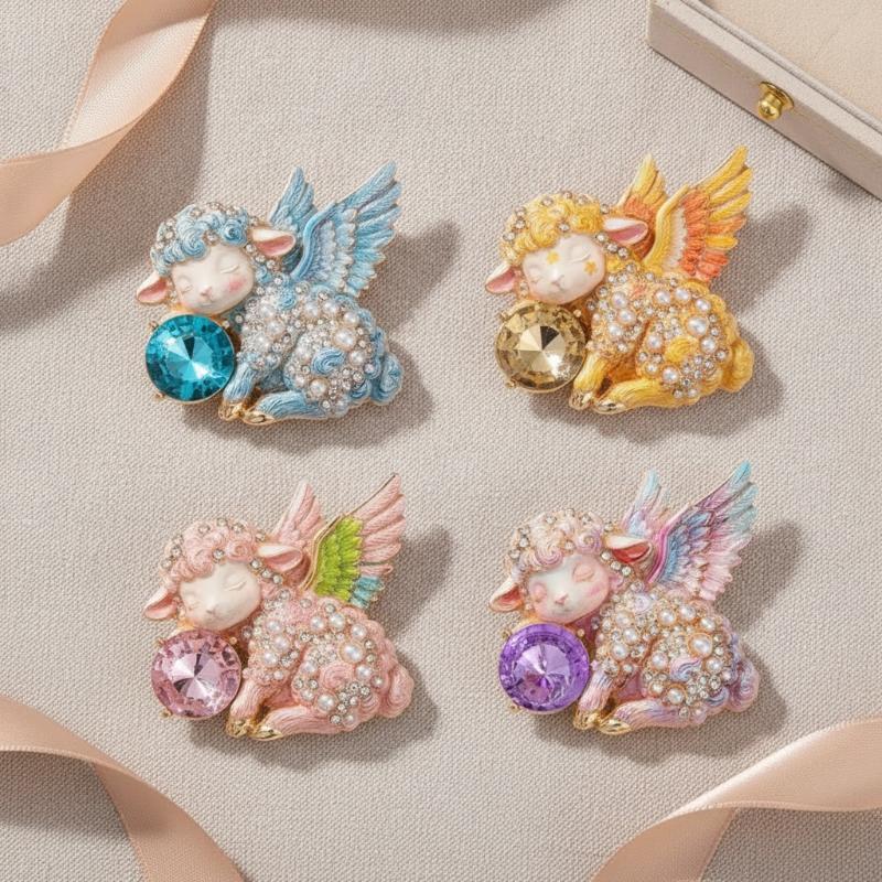 1Pcs Unisex Pearl Colorful Wing Goat Animal New Year Party Casual Brooch Pins Cute Angel Sheep Brooches For Women