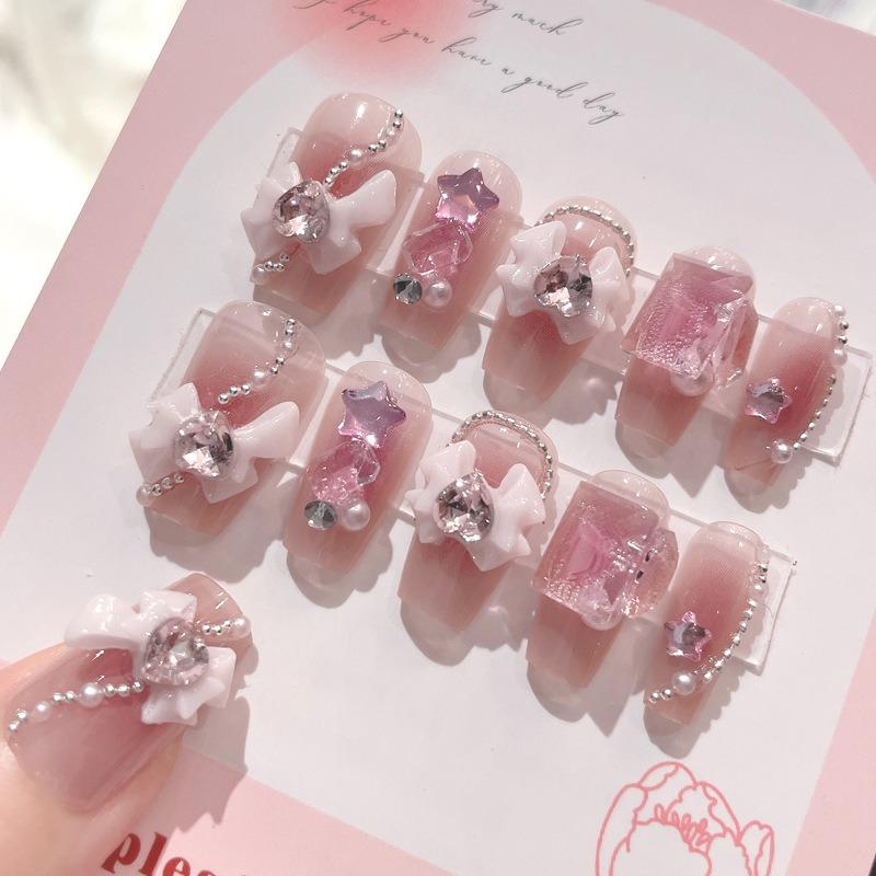 White Blue Color 3D Rabbit Star Rhinestone Designs-Full Cover Acrylic False Nails for Women and Girls Detachable Long Fake Nails