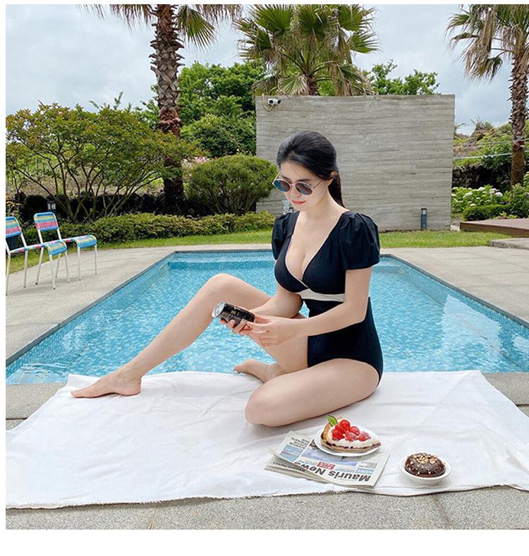 Korean Sexy Deep V Push-Up Short Sleeve One-Piece Swimsuit for Women, Tummy Concealing & Slimming Design