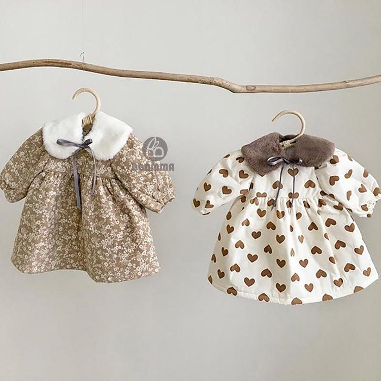 Clearance: Baby Heart Print Quilted Dress with Fur Collar - Long and Warm