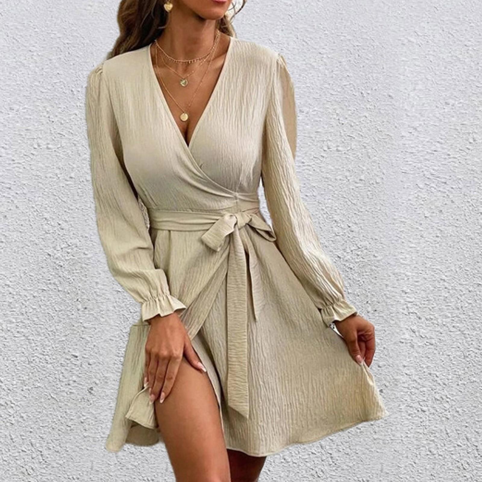 

Women s Fashion Casual Color V-Neck Drawstring Sleeves Patchwork Dress XL