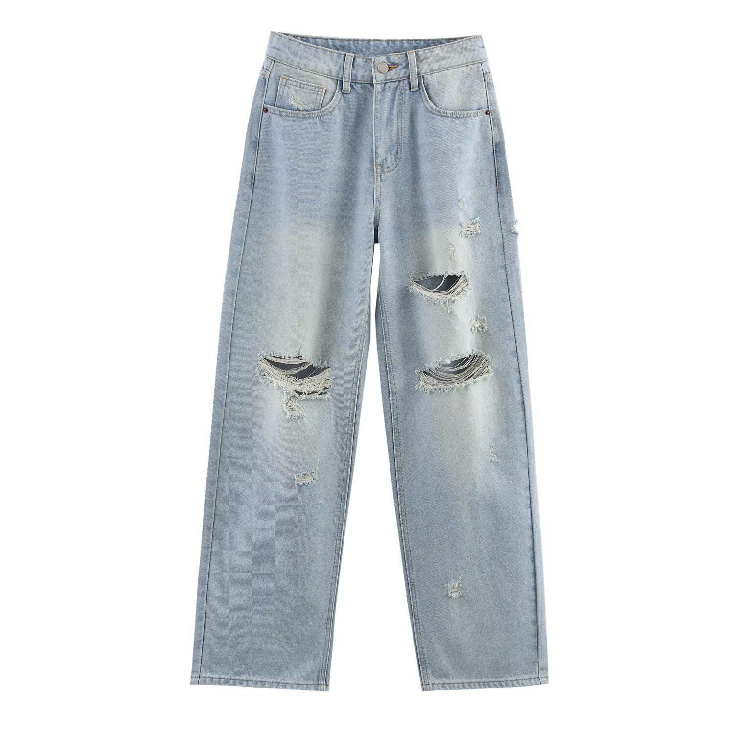 

American High-Street Ripped Washed High-Waist Wide-Leg Jeans Extra Small