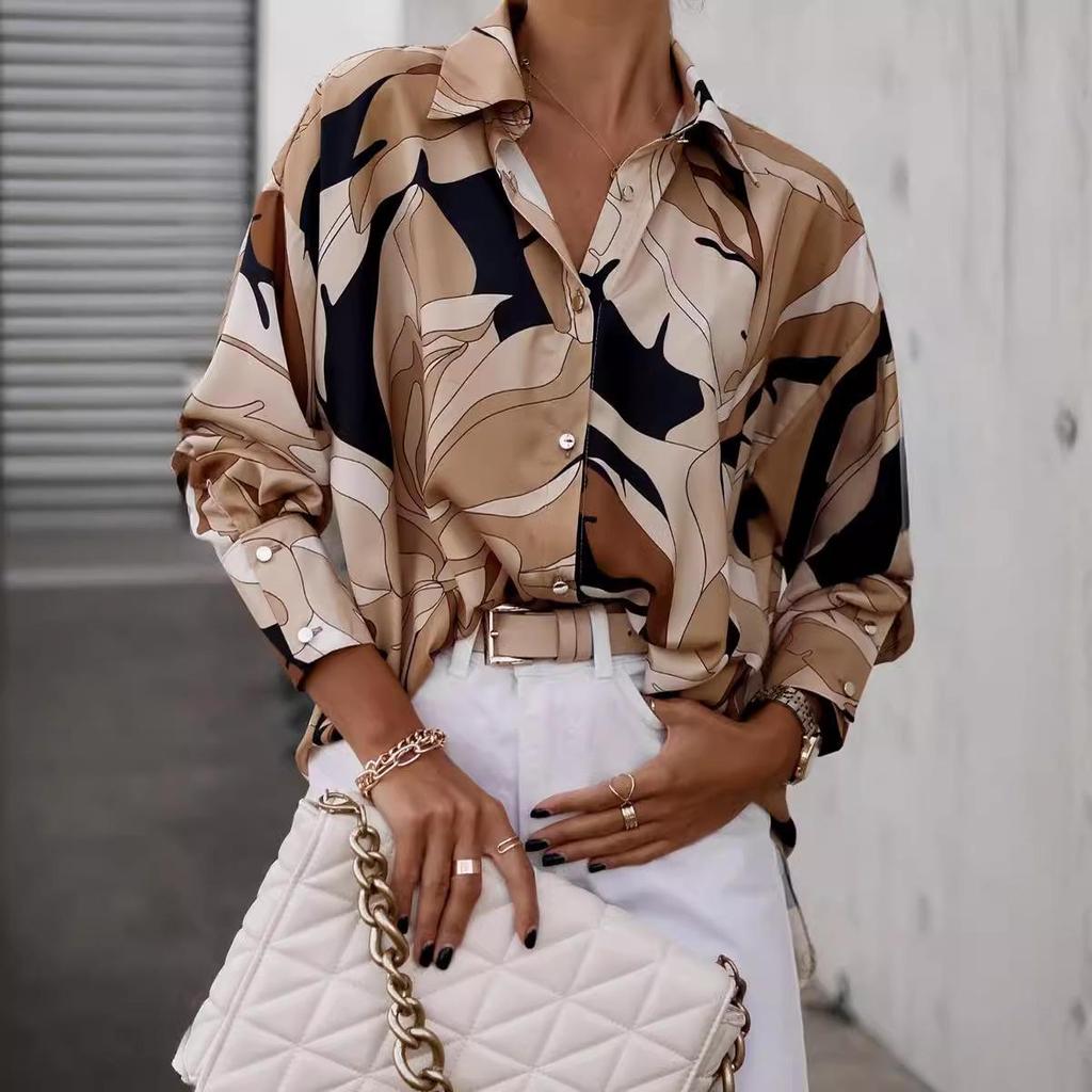 2022 European & American Print Loose Long Sleeve Women's Casual Button Shirt