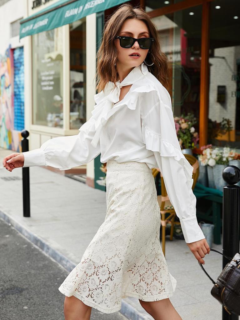 Trendy European & American Spring/Fall Women's Ruffle Collar Shirt