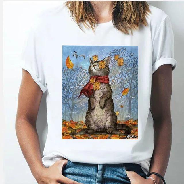 Oil Painting Cat Women's Fashion Personality Spoof Classic Oil Painting T-shirt Women Clothing Tops Harajuku Aesthetic Oversized