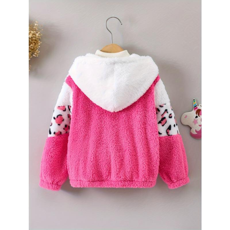 Cozy & Cute Girls' Leopard Print and Pink Fleece-Lined Zip-Up Hoodie Jacket - Warm, Thick Polyester Blend for Autumn/Winter, Long Sleeves,Casual Style