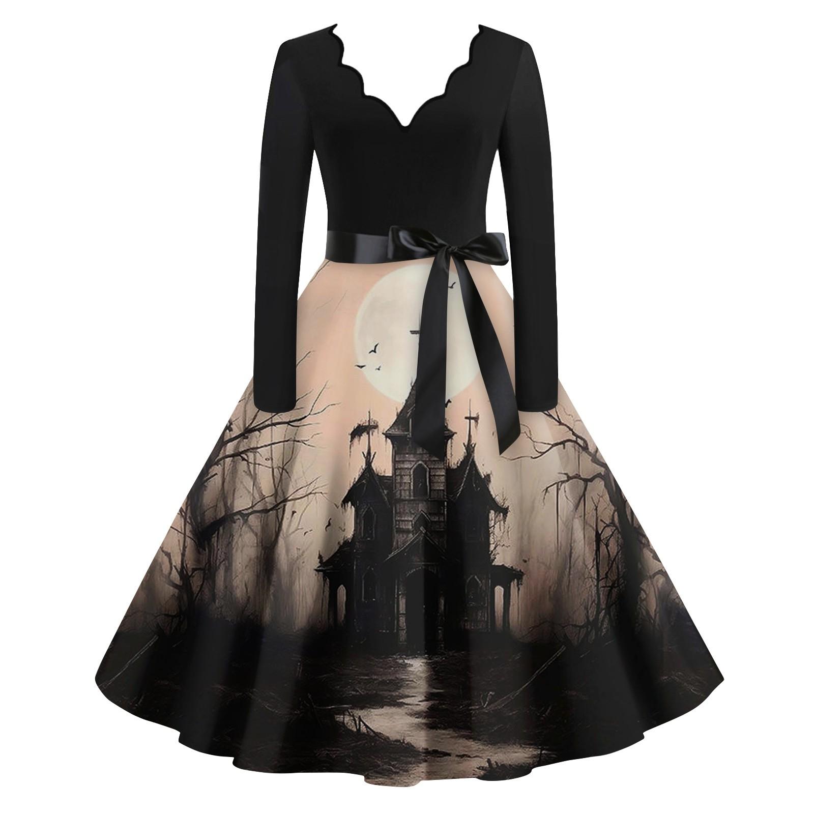 

Женские повседневные модные винтажные длинные платья с длинным рукавом на Хэллоуин и графическим принтом XXXXXL хаки