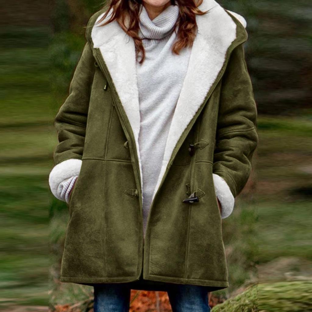 Femmes hiver grande taille solide Plus manteau de velours à manches longues corne boucle poche pardessus