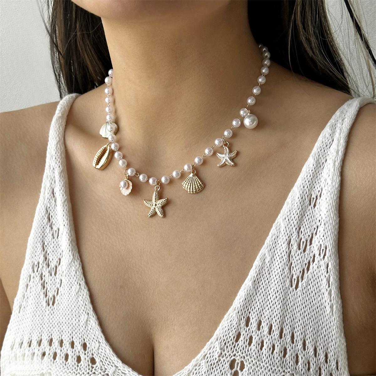 

Summer Ocean Charm Necklace For Women Cute Red Lobster Starfish Shell Pendant Baroque Imitation Pearl Choker Sea Party Jewelry