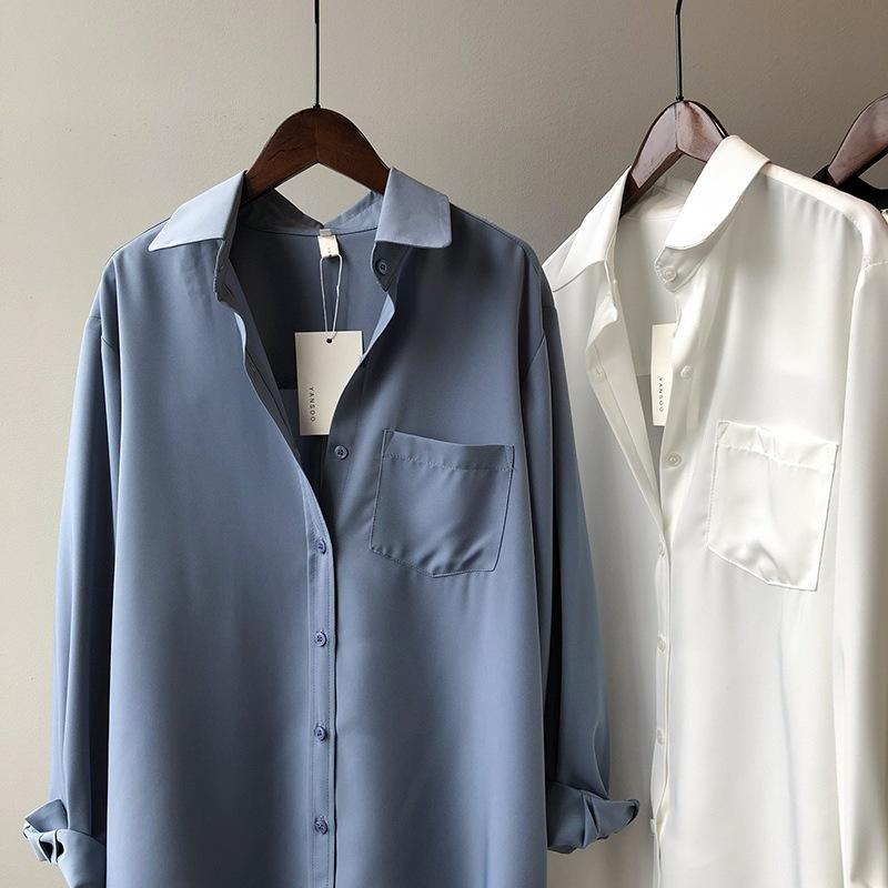 Women's Loose Gray-Blue Long-Sleeve Shirt - Niche Korean Hong Kong Style for Spring and Autumn
