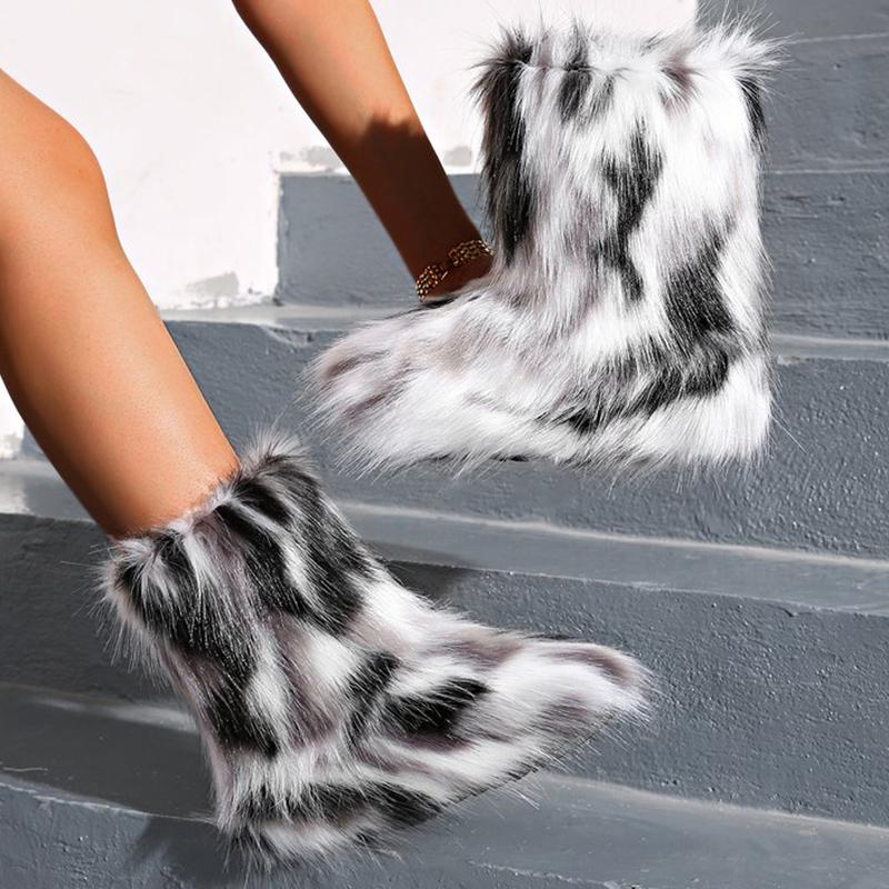 Fashion Y2K Mix Color Snow Boots for Women Soft Faux Fur Warm Snow Boots Woman Winter Plus Size 44 Non Slip Plush Booties Ladies