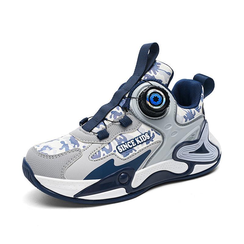 Autumn new boys' sports shoes lightweight, non-slip and wear-resistant leather surface soft sole rotating buckle boys' basketball shoes tide