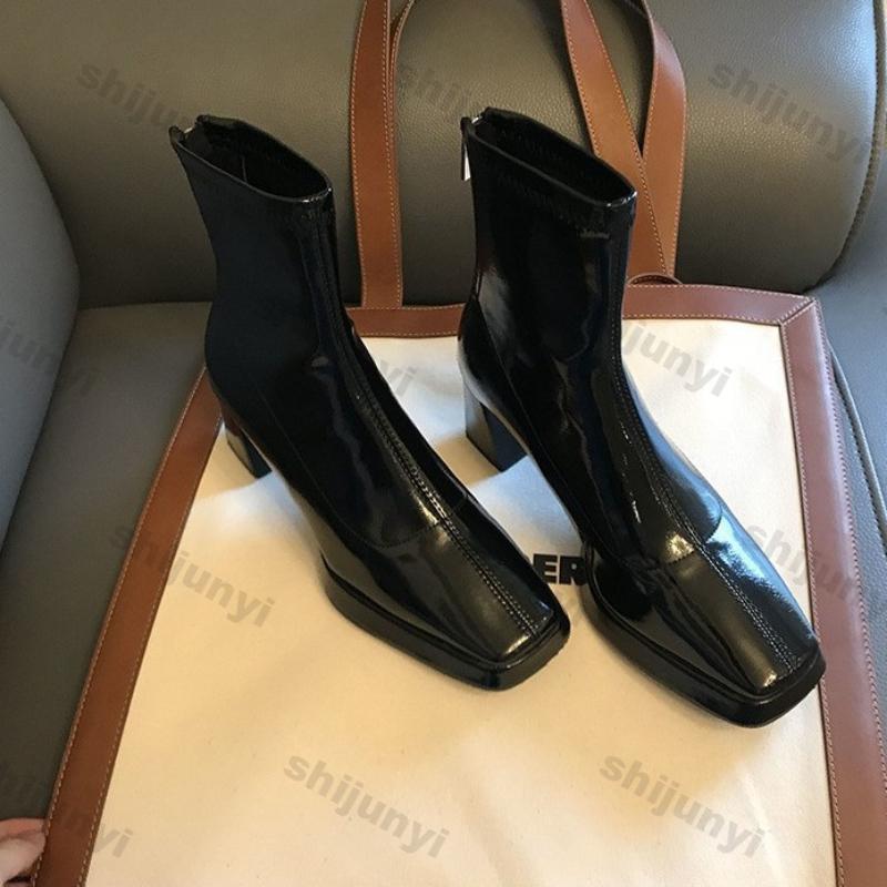 Women's High Heel Ankle Boots Square Toe Patent Leather Zipper Short Boots Woman Solid Color Chunky Mid Heel Botas Mujer
