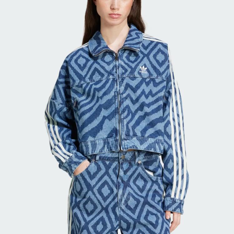 Adidas Originals X Farm Rio Collaboration SS24 Comfortable Fashionable Versatile Zip Design Long Sleeve Denim Jacket Women Jackets Blue IW0793