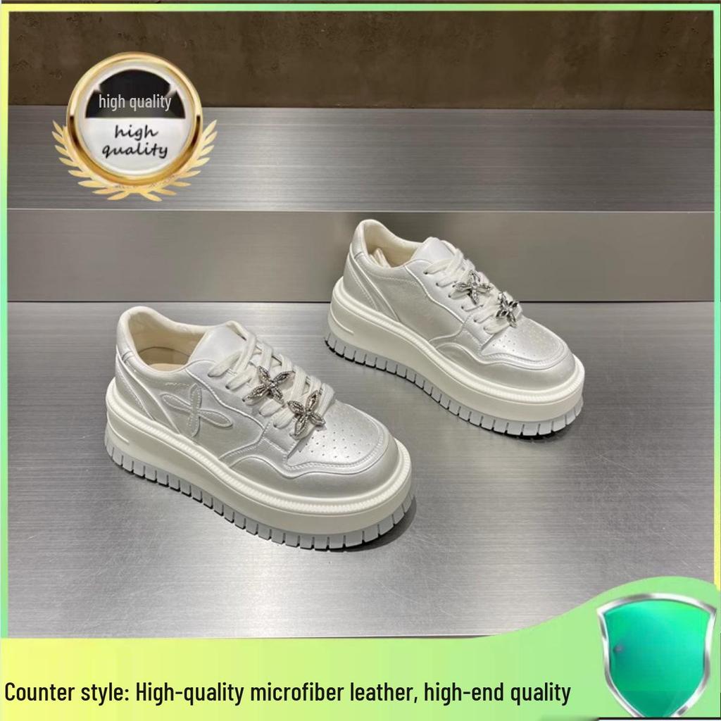 Women's Rhinestone Platform White Sneakers - Thick-Soled, Versatile Height-Increasing, Round-Toe Casual Shoes for Spring 2025.
