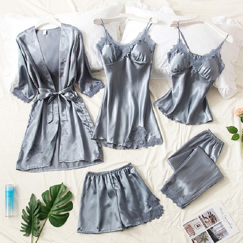 Women's Silk Five-Piece Pajama Set: Spring/Autumn Nightdress & Robe with Chest Pad