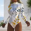 Women Plus Size Long Sleeve High Neck Front Zipper Leaf Geometric Print One Piece Swimsuit