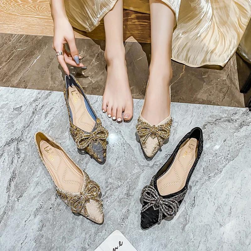 Fashion Women Flat Elegant Fashion Women Flat Fashion Ballet Shoes Ladies Bling Crystal Bow Tie Pointed Toe Flats Shoes