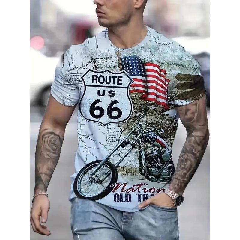 3D Printed Retro America Route 66 Men's T-shirts Vintage Men Clothing