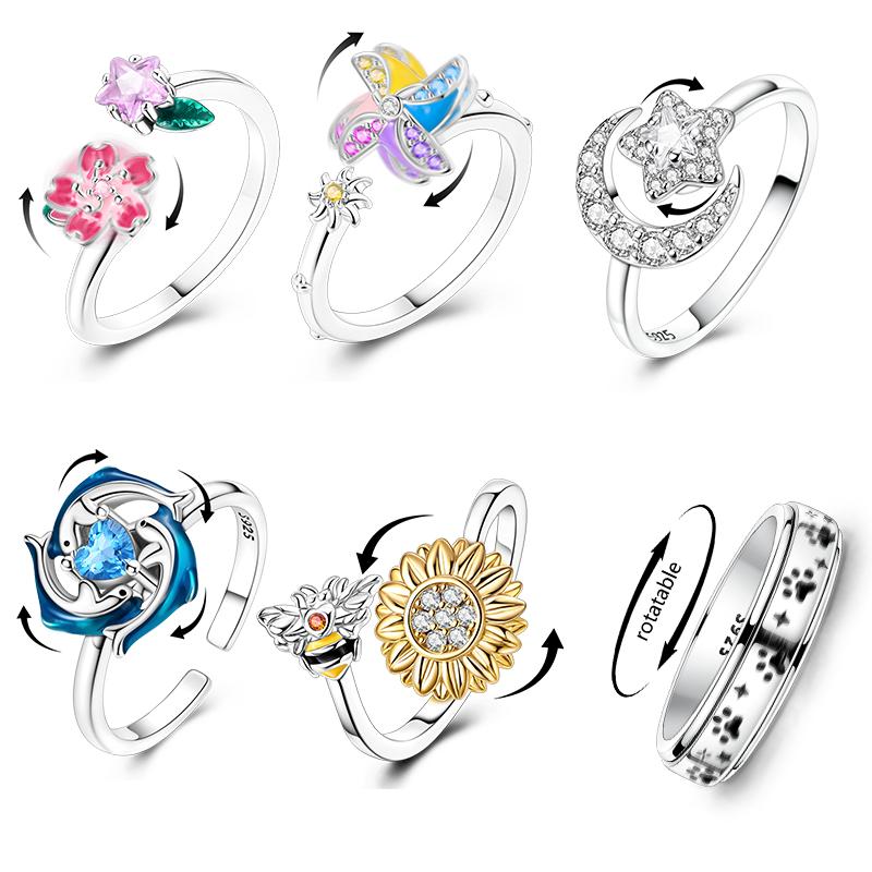 Original 925 Silver Rotatable Stars Sunflower Dolphin Open Rings for Women Girls Jewelry Birthday Anniversary Engagement Gifts