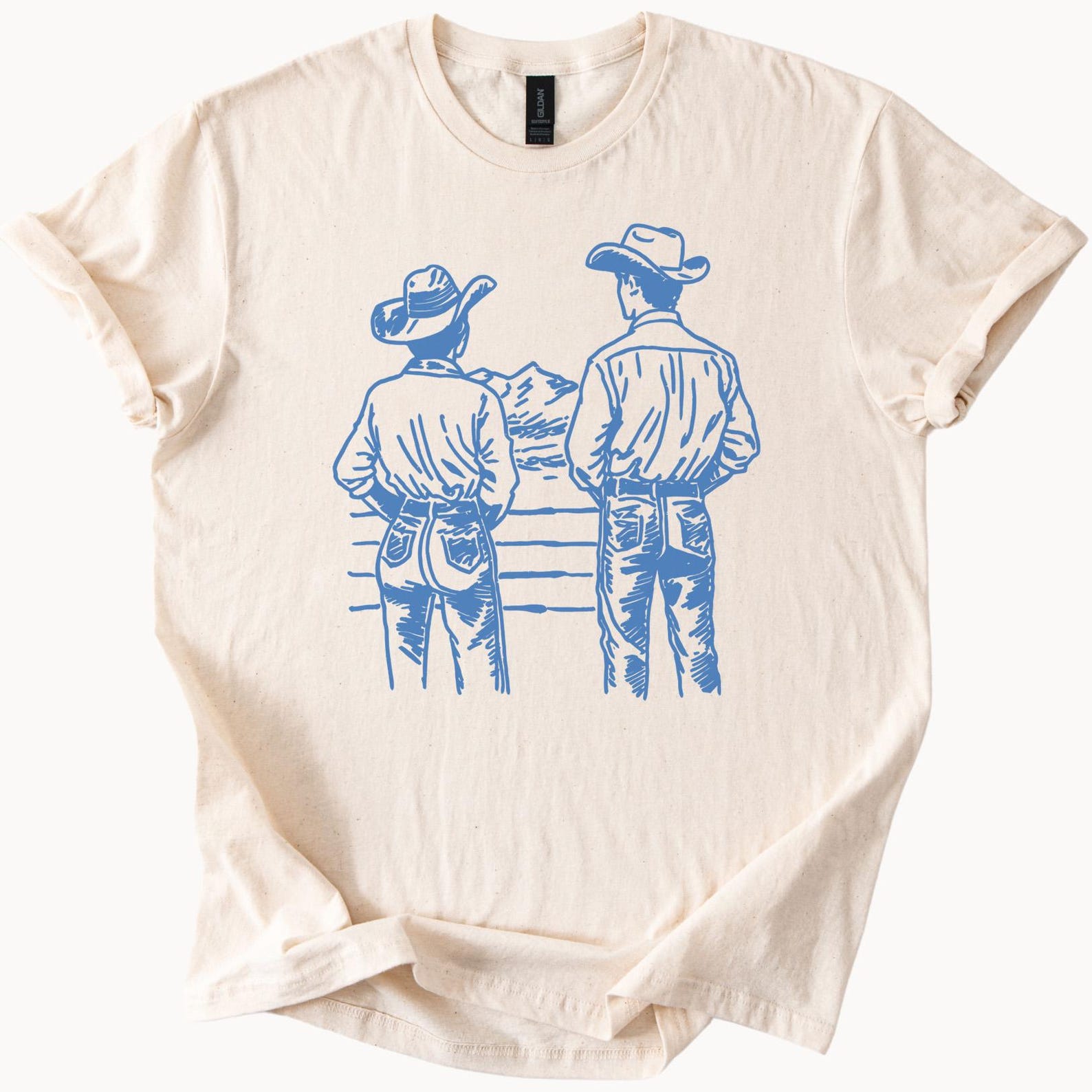 Cowboys Western Ranch Graphic T Shirt Two Cowboys Looking at Mountains Country Farm Life Rodeo Cowboy Art Tee Soft Cotton Graphic Shirt 110
