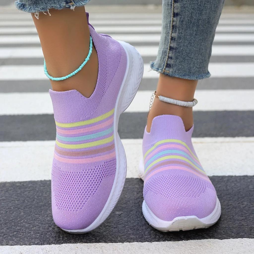 Moda arco-íris listrado tricô tênis para mulheres malha respirável plataforma sapatos esportivos mulher plus size antiderrapante casual tênis sapatos