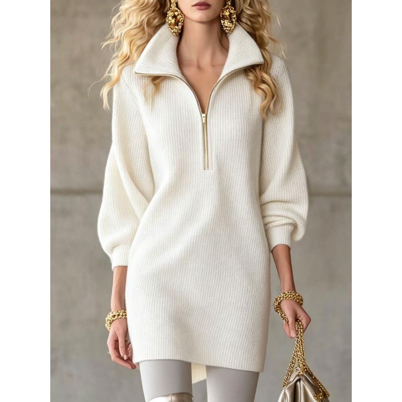 TIFICY Women's Fashion Spring Autumn Solid Color Print Long Sleeve POLO Neck Loose Waistline Casual Dresses