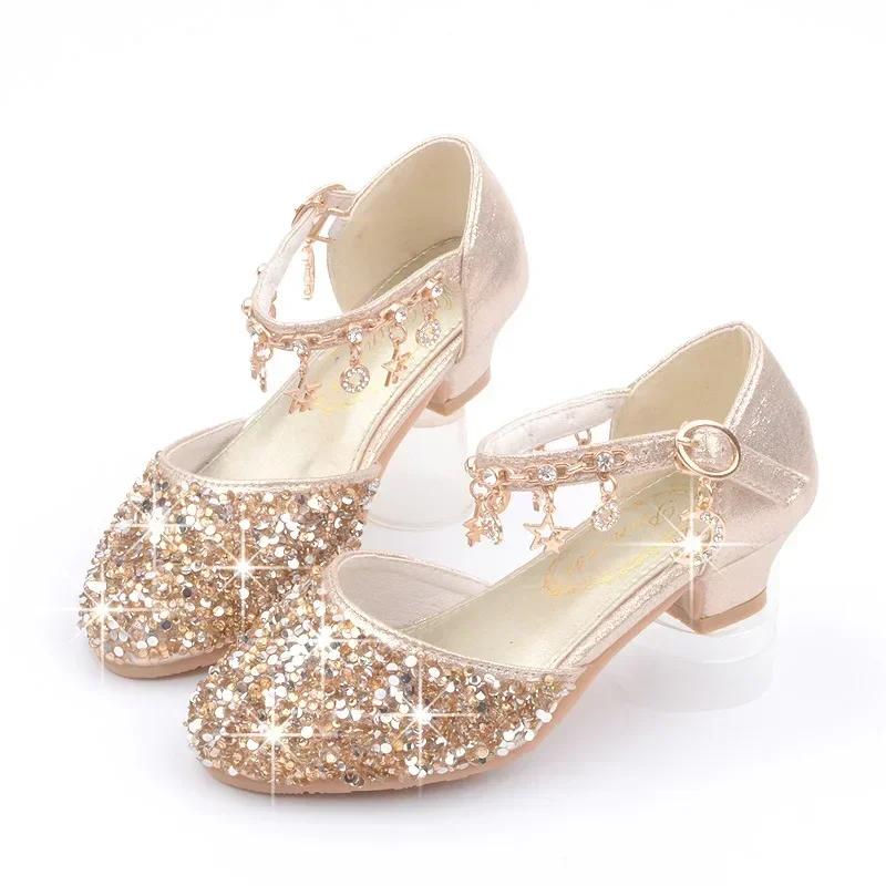 

Fashion Kid Leather Shoe 2025 Summer Sequin Princess Shoe Crystal High Heel Sandals Kid Shoes Girl Dresses Mary Jane Girl Shoes 33-insole21cm золотий