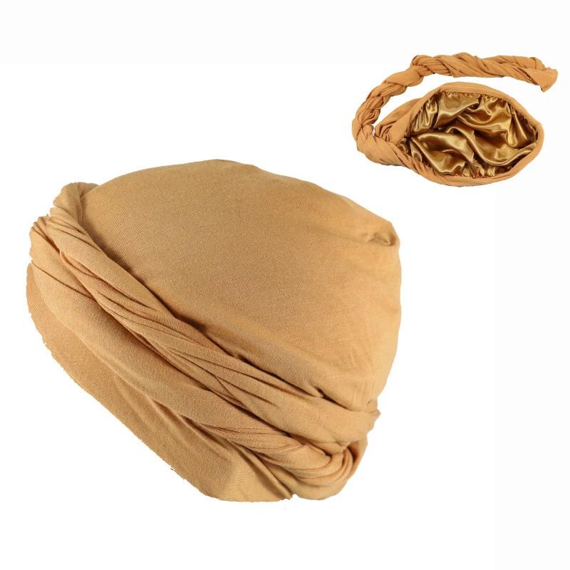 Neue elastische Herren-Turbanmütze Kopf Muslimisch Satinfutter Dehnbare Kappen Nationales indisches Kopfband Mütze Mode-Kopfband Biker-Kopfwickel beige