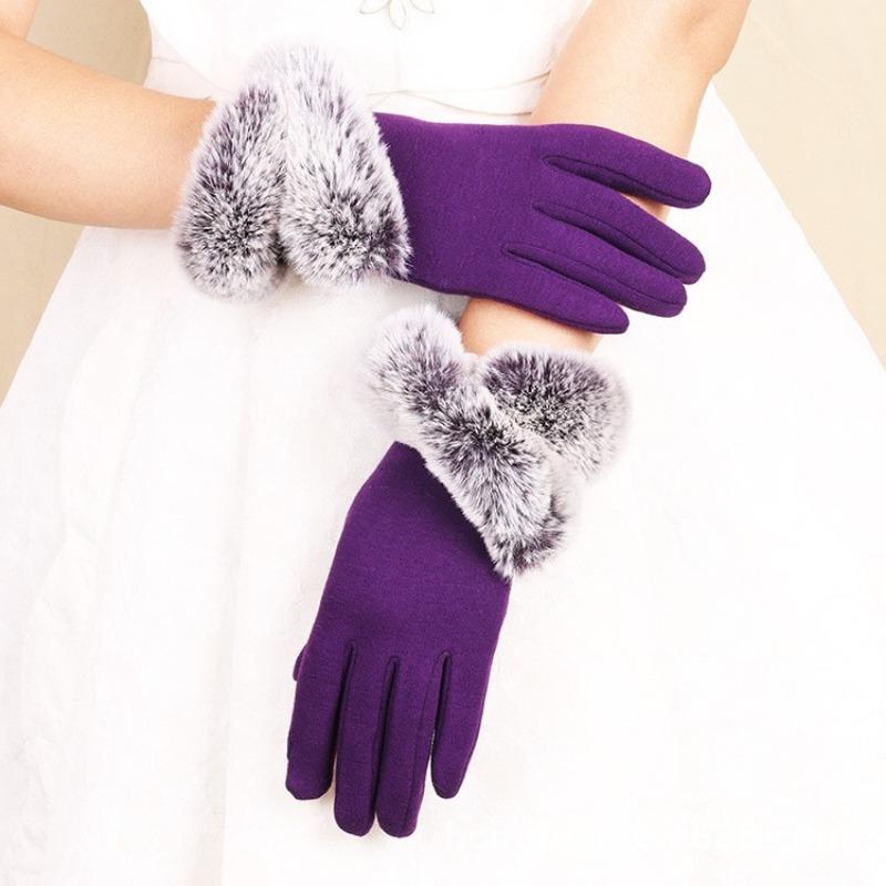 Warm gloves autumn and winter women's bow thickened fleece cold-proof outdoor riding non-inverted fleece touch screen gloves