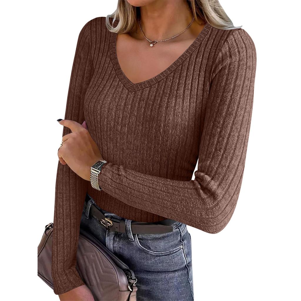 Women's Long Sleeve Knit V-Neck Pullover Top for Casual Daily Wear
