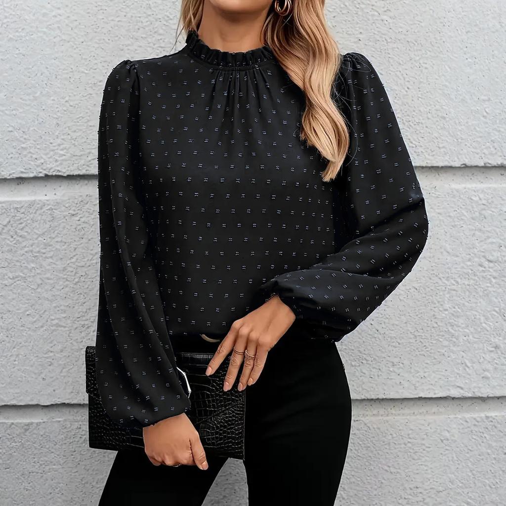Women's Fashion Casual Polka Dot Pleated Round Neck Long Sleeve Color Top