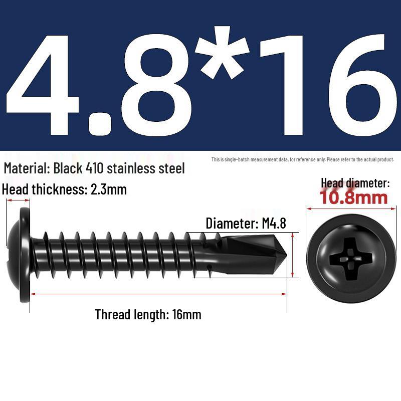 Black Phillips Flat Head Self-Tapping Screws with Washer, 410 Stainless Steel, 4.2M-4.8 Size.