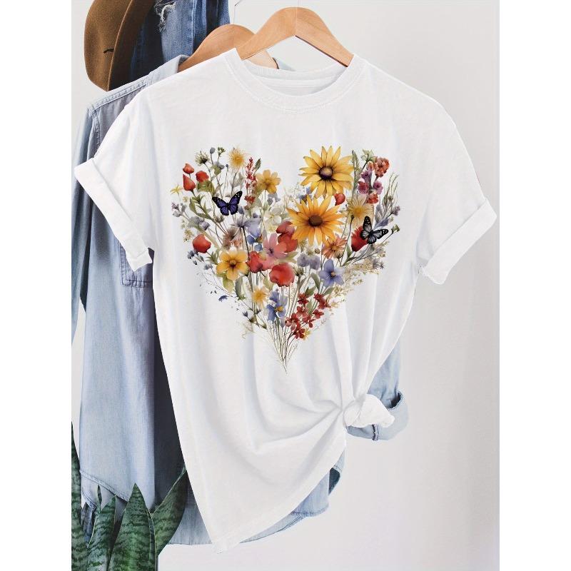 

Womens Floral Print Tee Crew Neck Short Sleeve Casual Everyday Top Spring Summer Lightweight Breathable 4XL білий