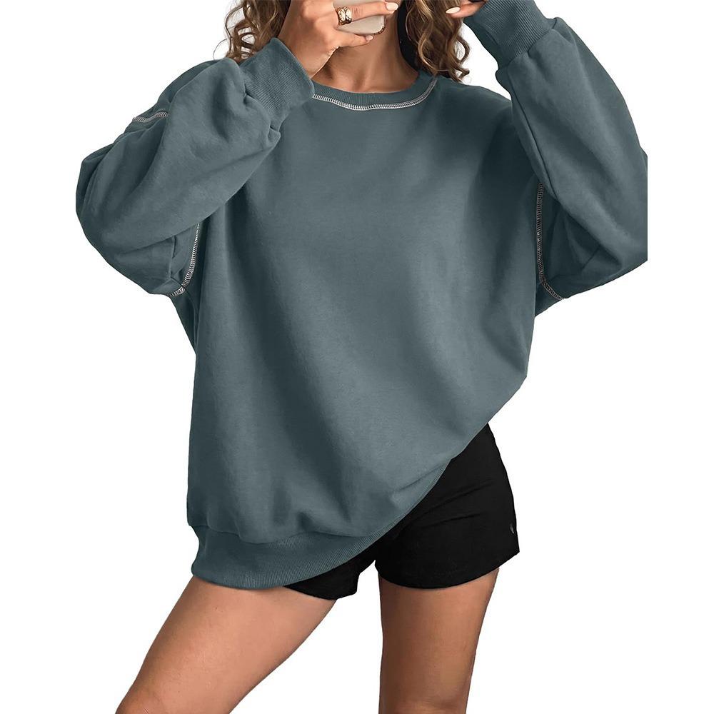 Women S Solid Color Crew Neck Long Sleeve Loose Fit Sweatshirt