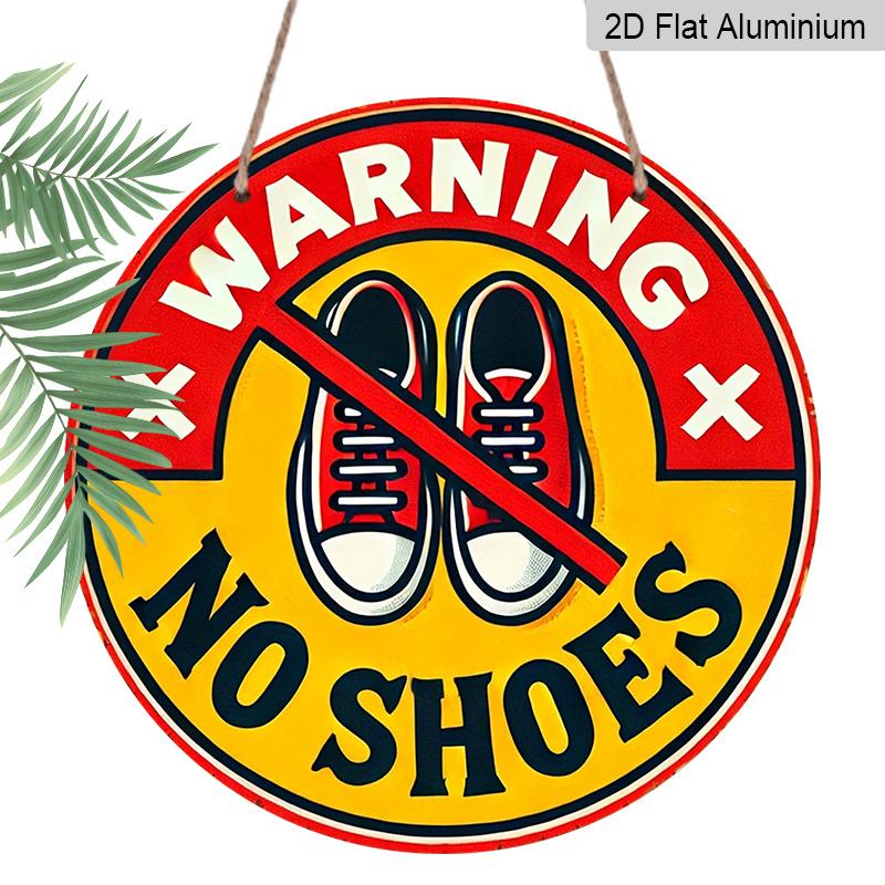 2D Flat, 1pc Round Warning No Shoes Aluminum Hanging Sign, Retro Red Yellow Remove Shoes Metal Wall Decor, Waterproof Door Sign for Home, Entryway