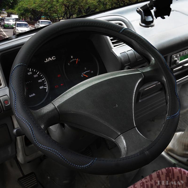 DERMAY 36cm 38cm 40cm 42cm Car Steering Wheel Covers PU Leather Blue line for Car Bus Truck Customized Large/Small Size