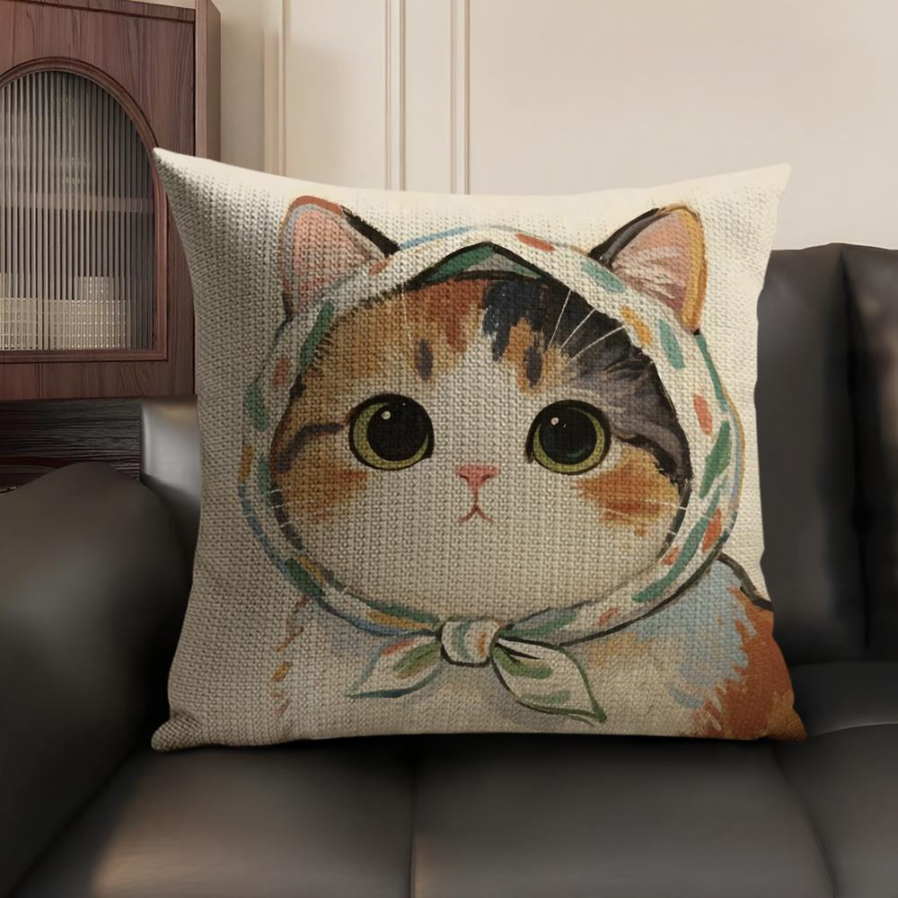 Art Cat Cute Cushion Cover Summer Breathable Linen Organic Fabric Double-Sided Printing Sofa Pillow Case Home Decor