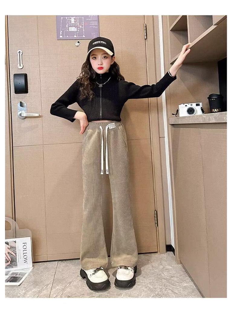 Girls' Black Plus Velvet Straight-Leg Sweatpants - New Autumn/Winter 2025 for Junior High Students