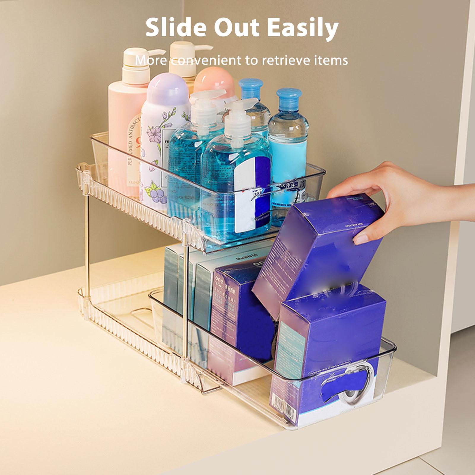 

Набор из 2 прозрачных органайзеров для ванной комнаты, 2-ярусный выдвижной многоцелевой пластиковый ящик для хранения под раковину, для кухни