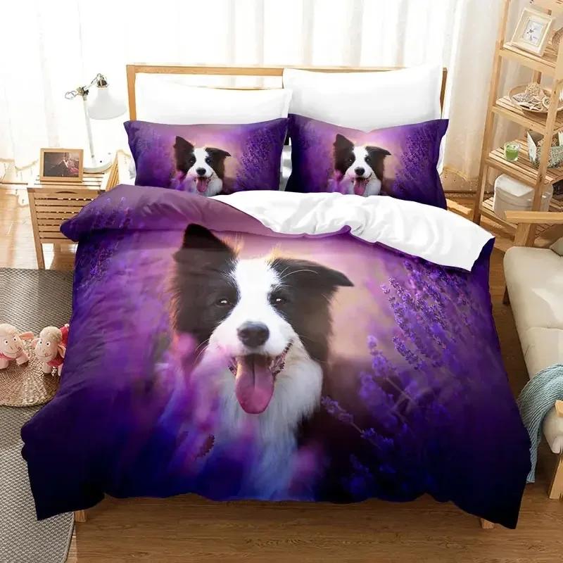 Purple Bedding Set Violets Dog Duvet Cover Quilt Cover 3D Lavender Butterfly Double For Full King Queen Twin Single Size