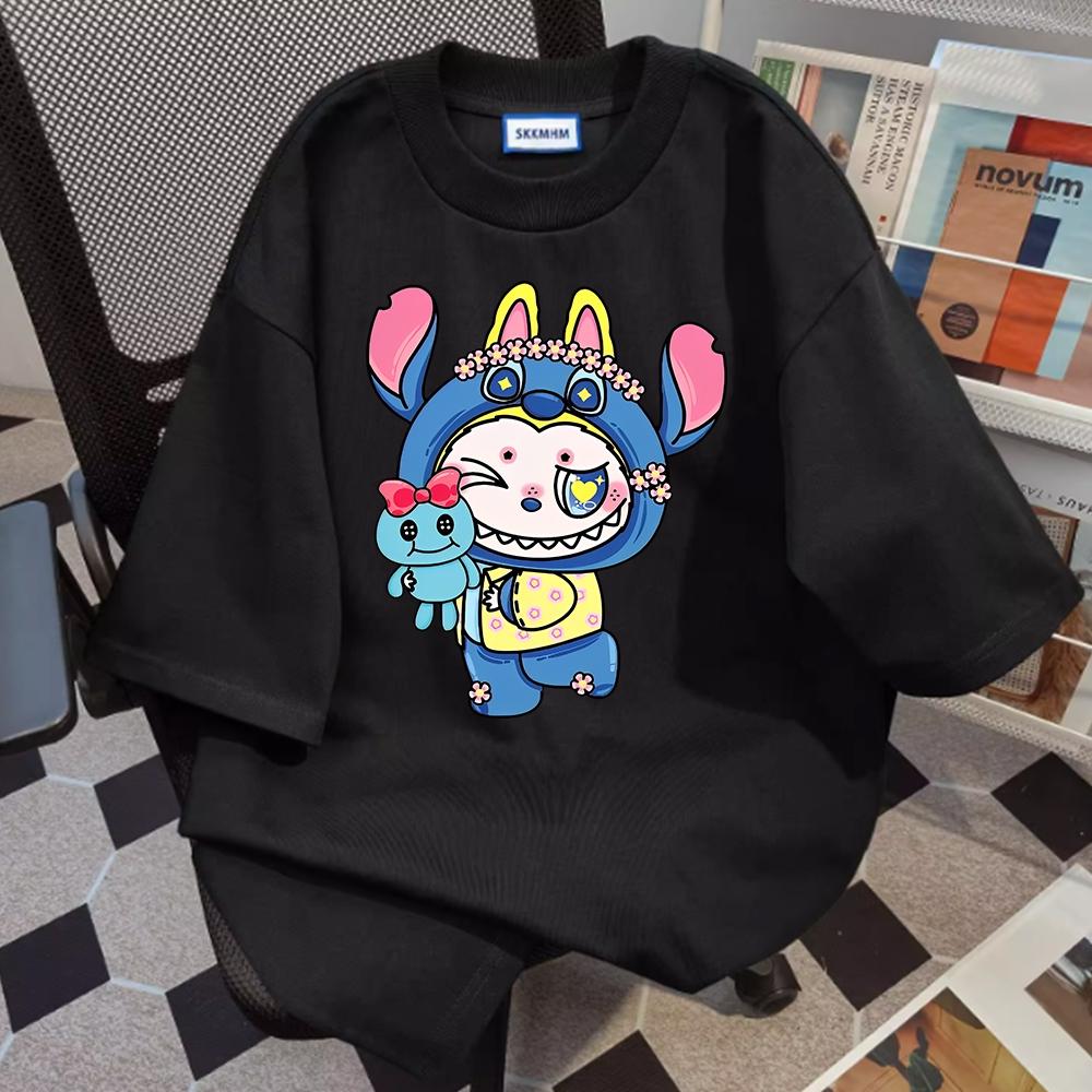 New LABUBU Cartoon Print Short Sleeved T-shirt Women's Round Neck Top Cute Loose Casual Fashion Daily